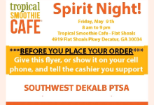 Please join SWD PTSA for Spirit Night at Tropical Smoothie Cafe on Friday, May, 9, 2025. 8AM-9PM